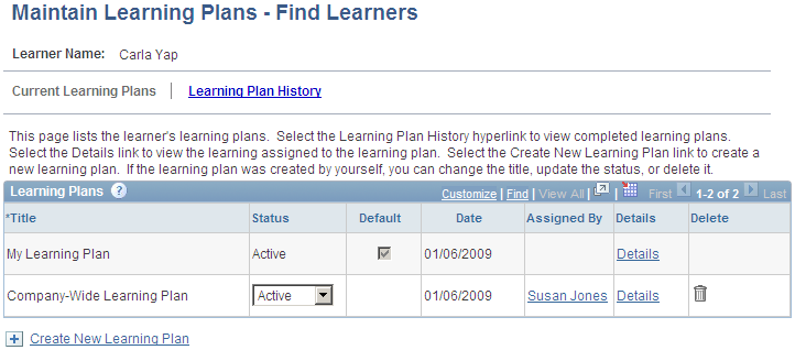 Maintain Learning Plans - Current Learning Plans page