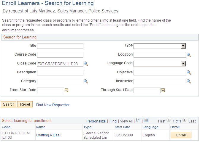 Enroll Learners - Search for Learning page