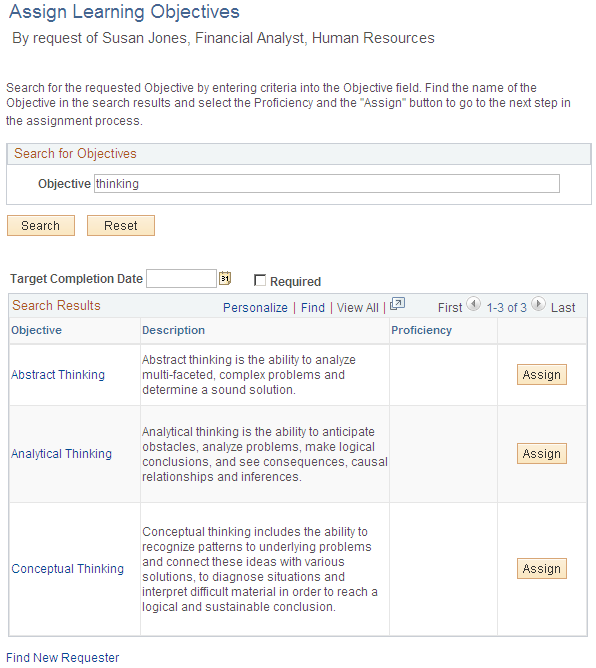 Assign Learning Objectives (search for objectives) page