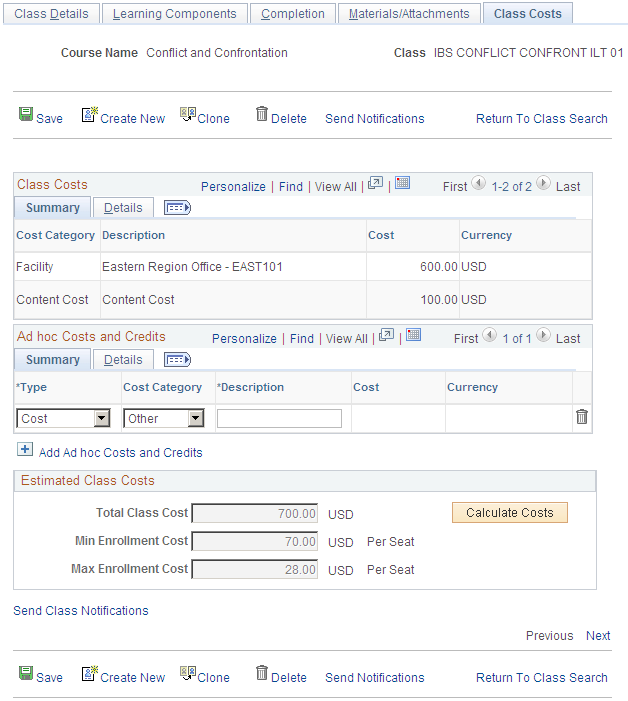 Maintain Activities - Activity Costs page