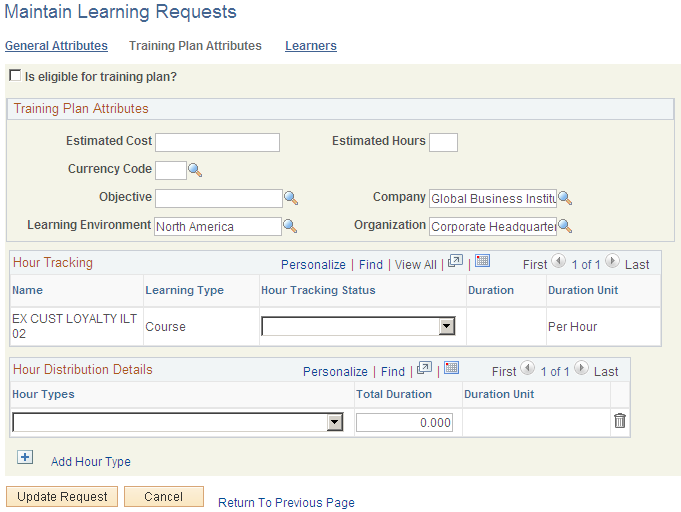 Maintain Learning Requests: Training Plan Attributes page