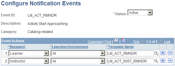 Configure Notification Events page