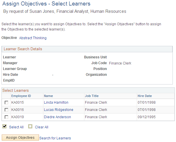 Assign Objectives - Select Learners page