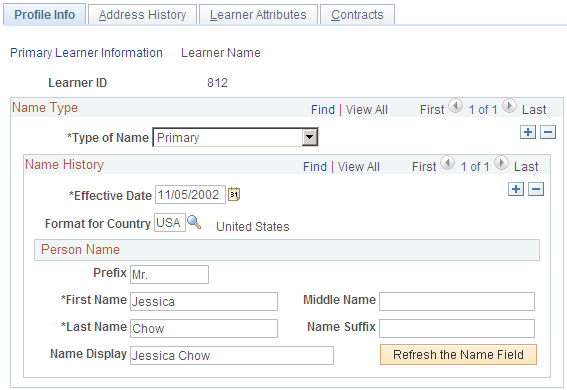 Profile Info: Learner Name page
