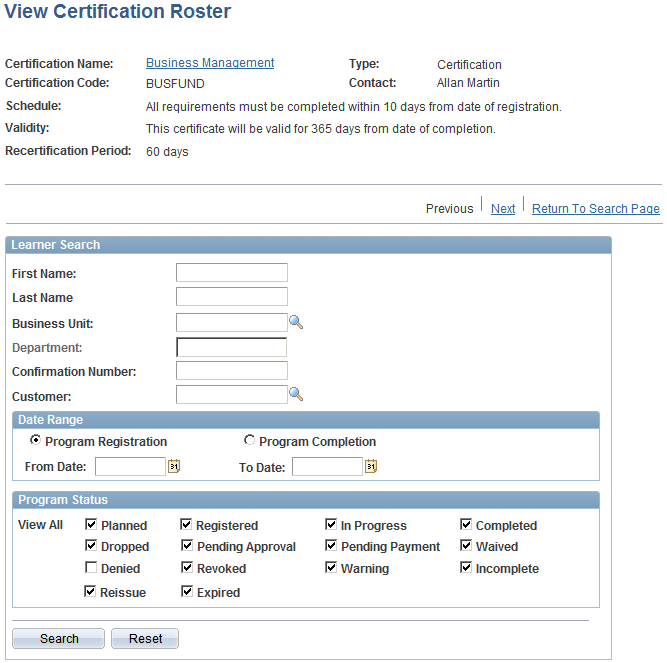 View Certification Roster page (1 of 2)