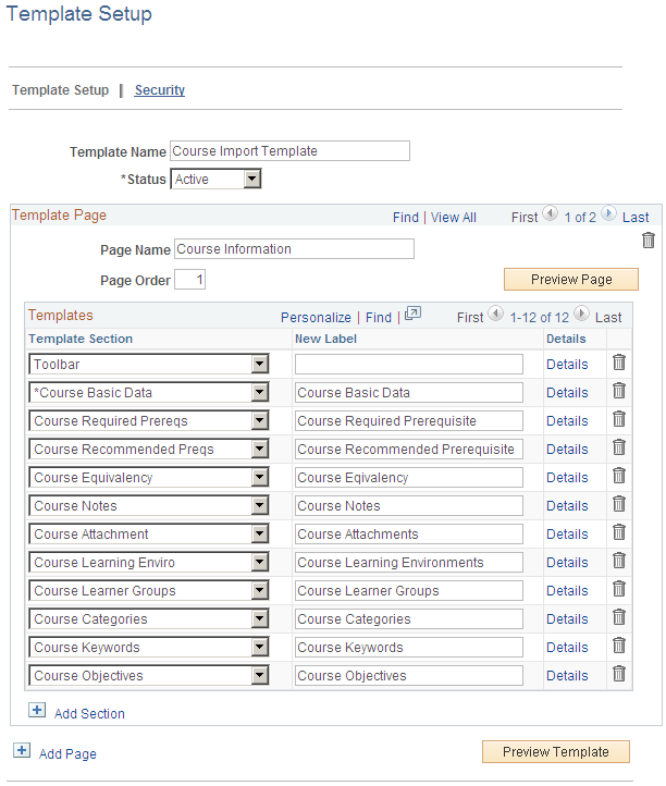 Template Setup page