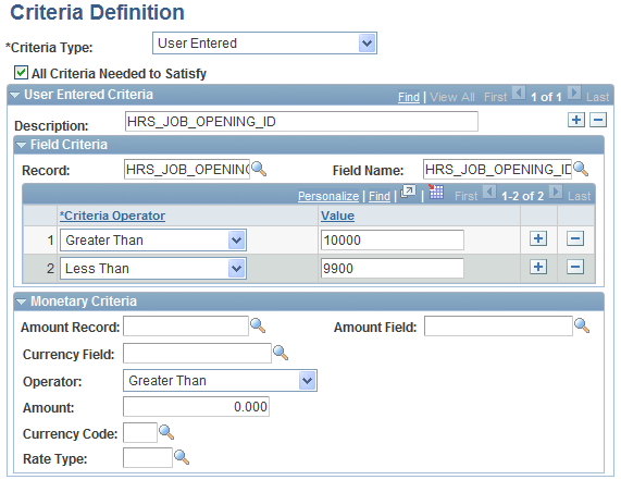 Criteria Definition page showing criteria type User Entered