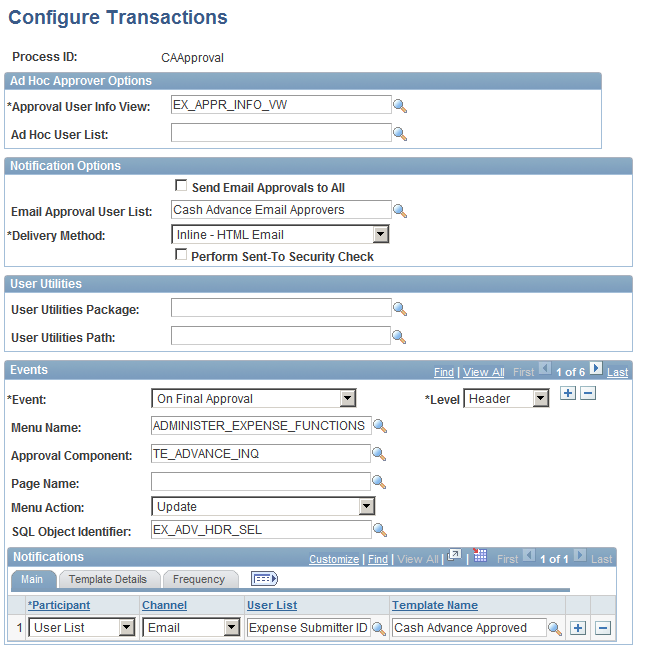Configure Transactions page