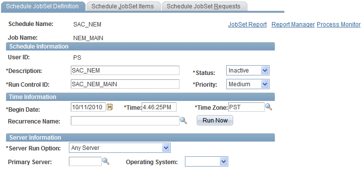 Schedule JobSet Definition page