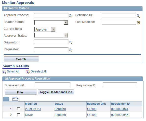 User Monitor - Monitor Approvals page for current role Approver