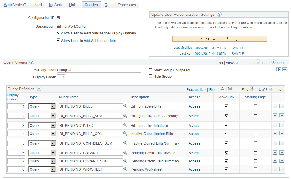 Configure Pagelets â€“ Queries page