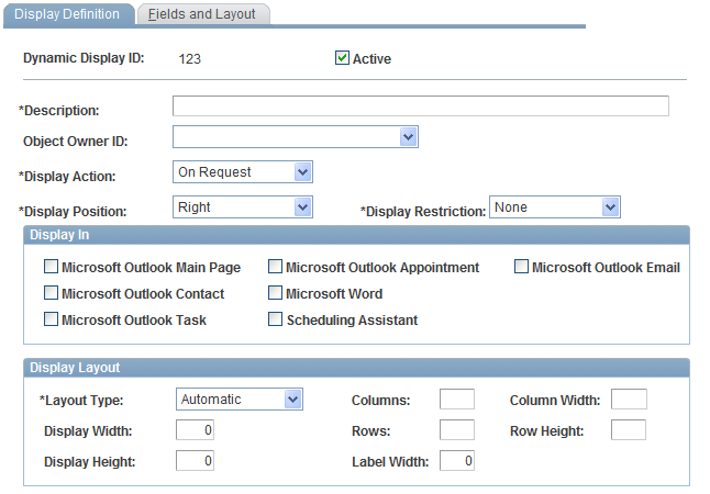 Display Definition page (1 of 2)