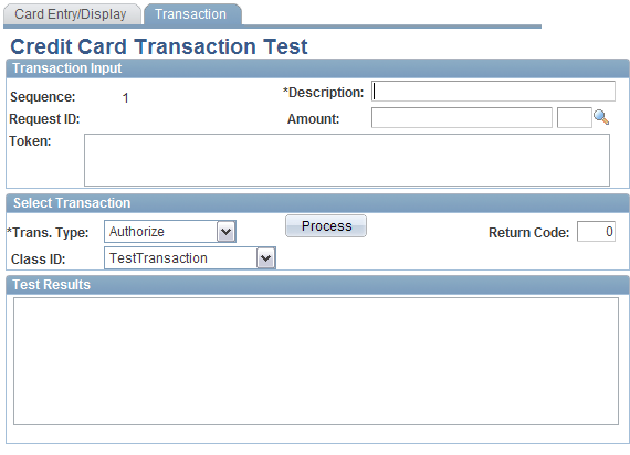 Test Credit Card Interface - Transaction page