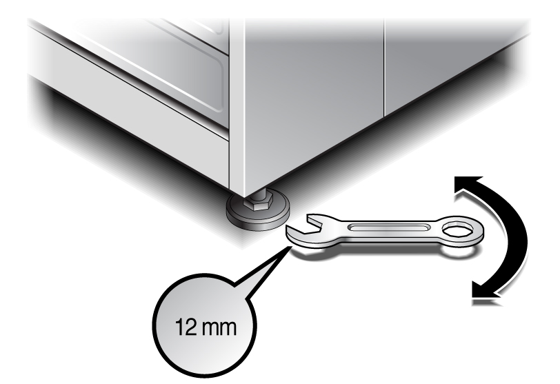 image:Figure shows the 12 mm wrench and a leveling foot.