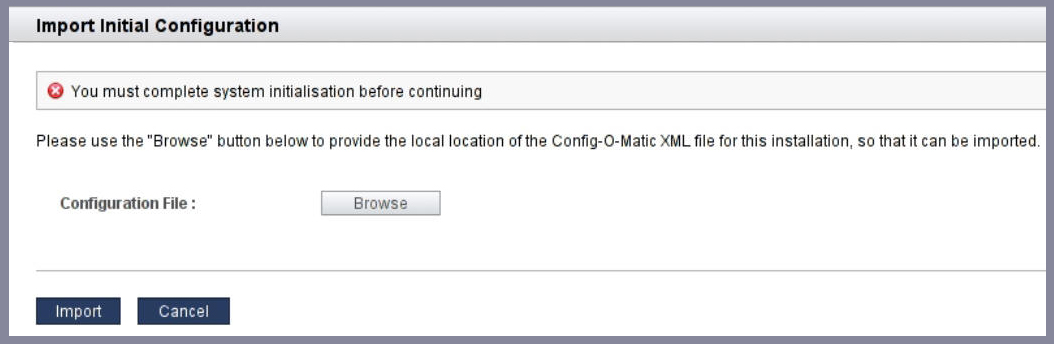 image:screen shot showing the import config screen.