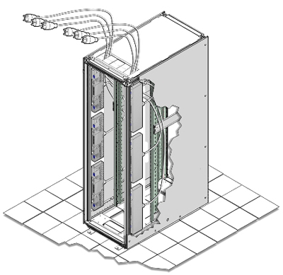 Figure showing power cord routing from the top of Oracle Virtual Compute Appliance X3-2 rack.