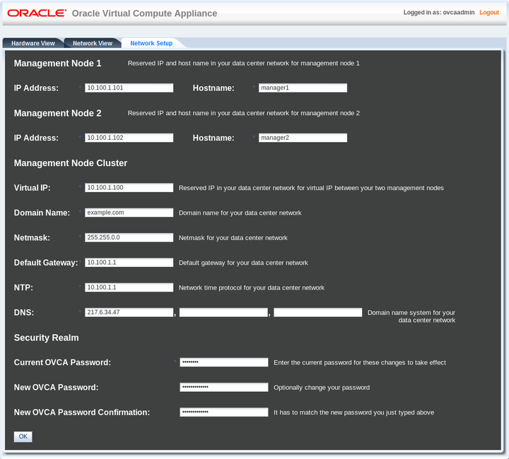 Screenshot showing the Network Setup tab of the Oracle Virtual Compute Appliance Dashboard.