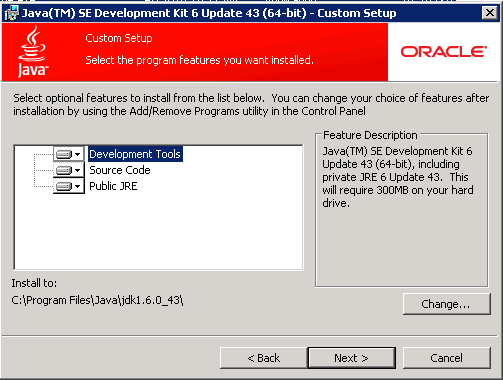 Initial view of the Custom Setup page for the JDK installation