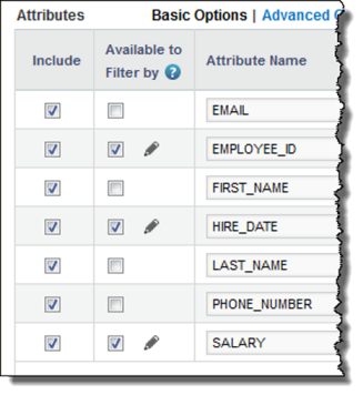 Data source attribute list with filtering enabled for columns