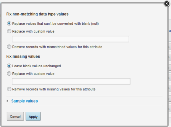 Dialog for managing mismatched and missing values in a data source
