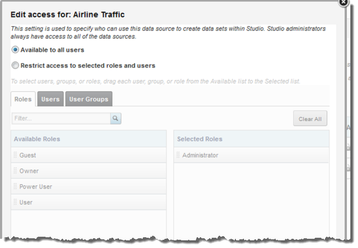 Dialog for editing access to a data source
