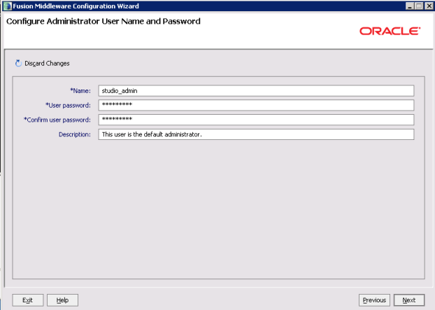 Studio domain creation - Configure Administrator User Name and Password page