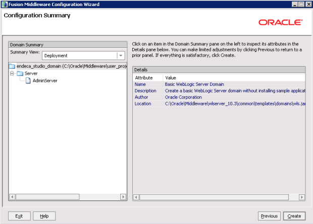 Studio domain creation - Configuration Summary page