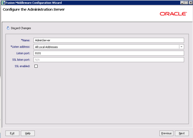Studio domain creation - Configure the Administration Server page