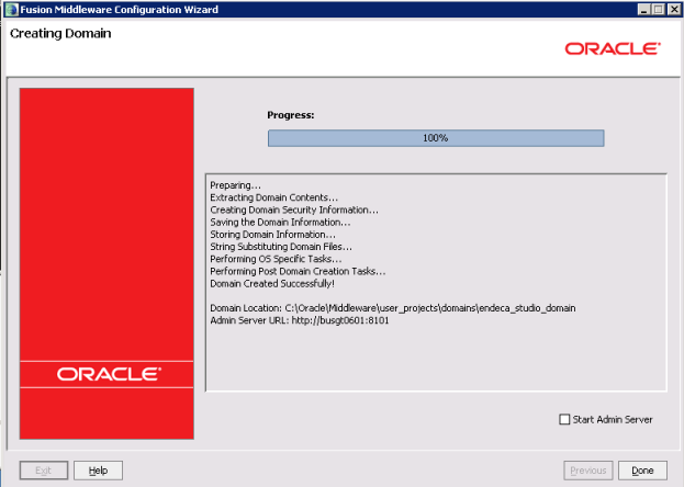 Studio domain creation - Creating Domain page when creation completed