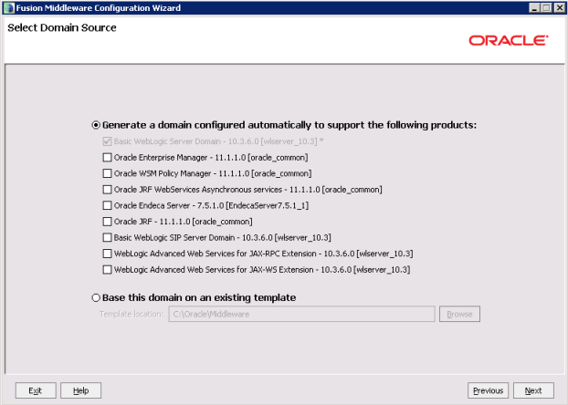 Studio domain creation - Select Domain Source page