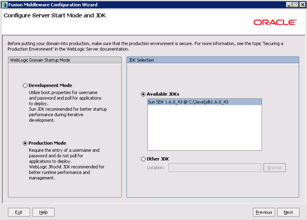 Studio domain creation - Configure Server Start Mode and JDK page