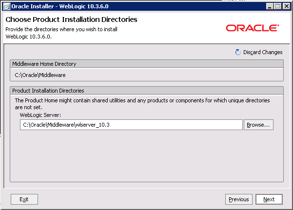 Choose Product Installation Directories page for the WebLogic Server installation