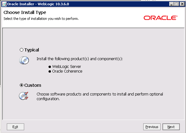 Choose Install Type page for the WebLogic Server installation