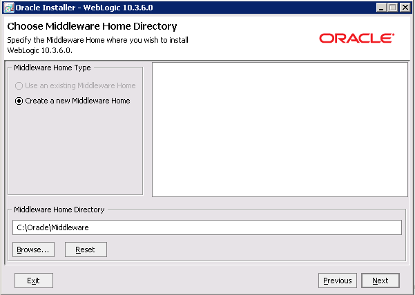 Choose Middleware Home Directory page for the WebLogic Server installation