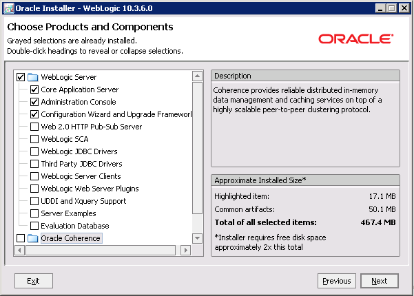 Choose Products and Components page for the WebLogic Server installation