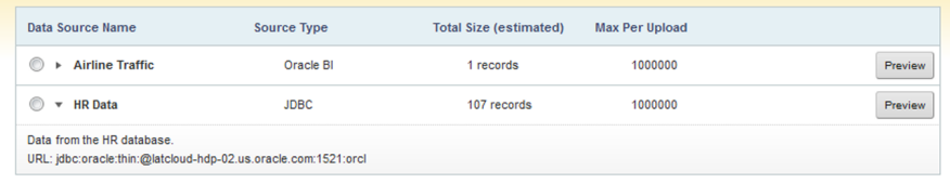 List of available data sources for a new data set