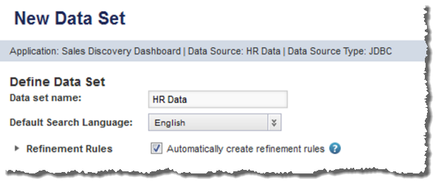 Data set name and search language fields for a new data set from the Data Source Library