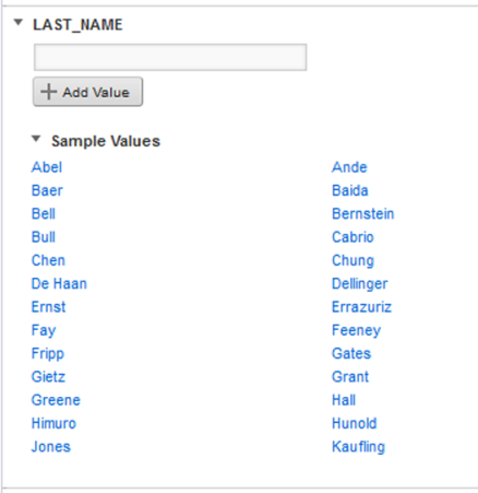 Sample values displayed for a data set attribute filter