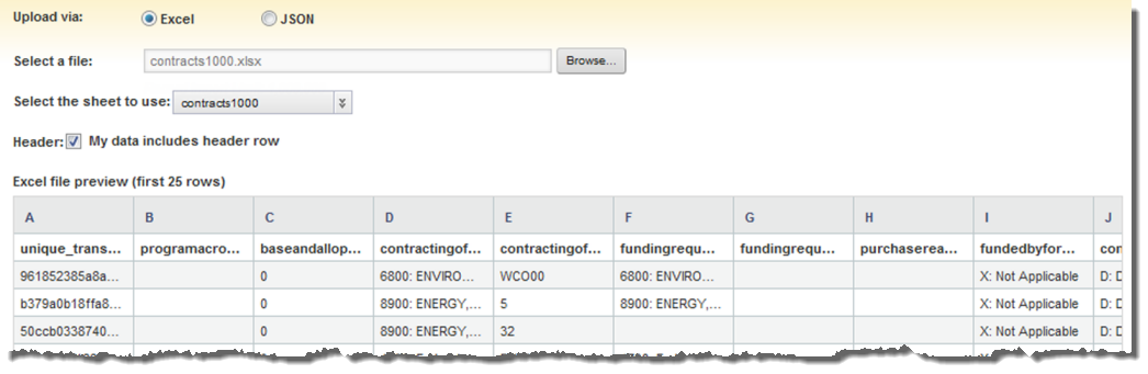 Preview of data for a selected Excel file