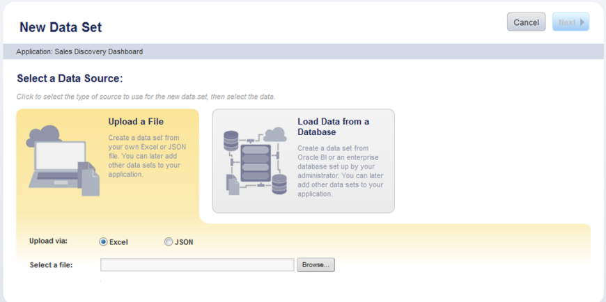 New data set page for adding a data set to an application