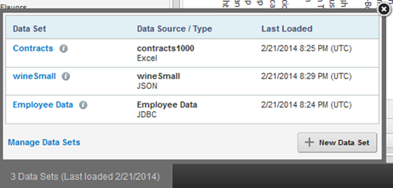 Data set popup from the application footer with options to manage data sets