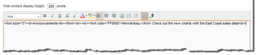 Source HTML view of the Web Content Display edit view