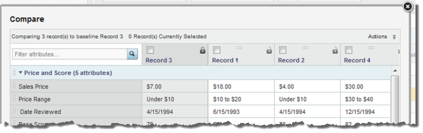 Compare dialog with a baseline record selected