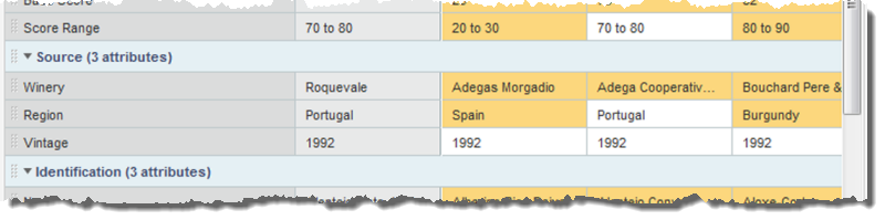 Compare dialog showing difference highlighting when baseline record is selected