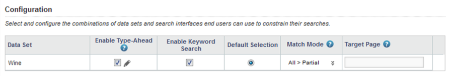 Configuration tab for a Search Box with a single data set and search interface