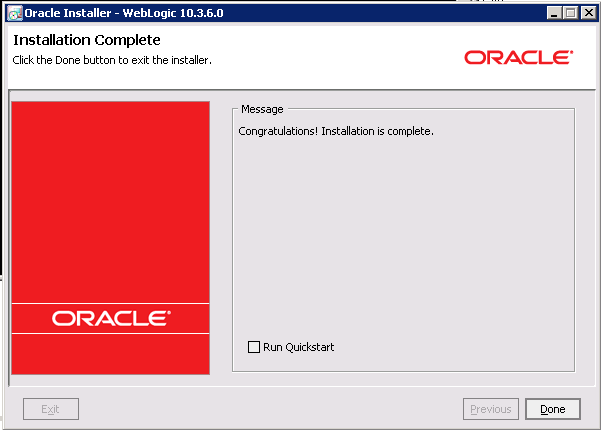 WebLogic Server installation - Installation Complete page