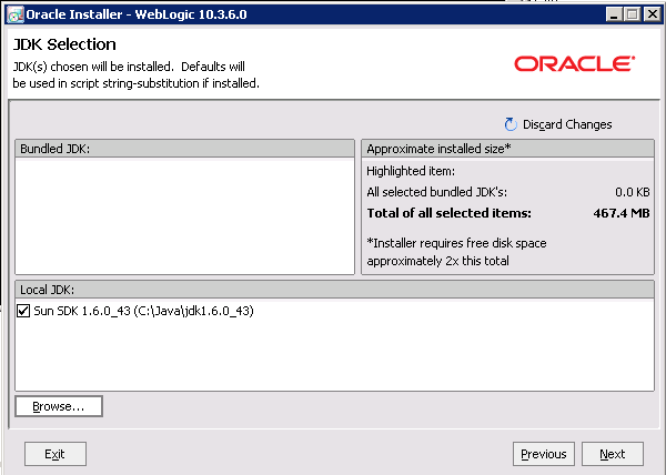 JDK Selection page for the WebLogic Server installation