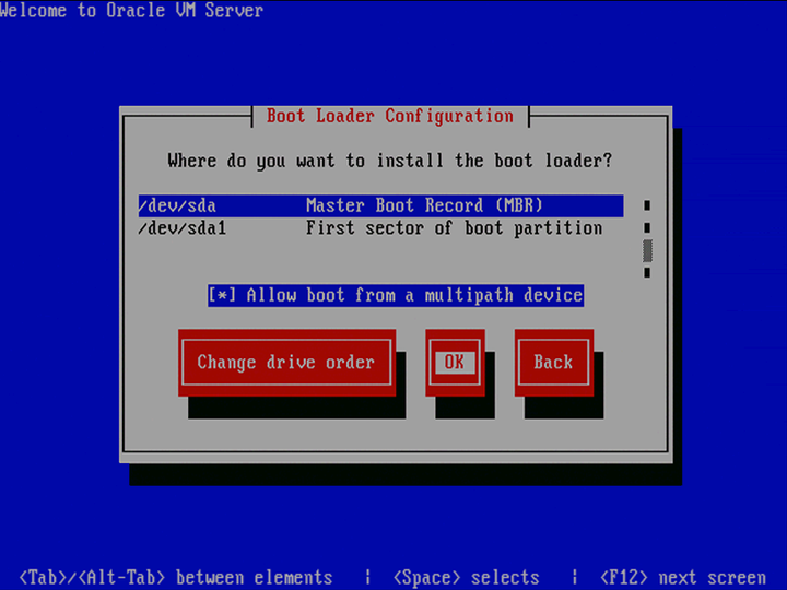 この図はOracle VM Serverの「Boot Loader Configuration」画面を示しています。