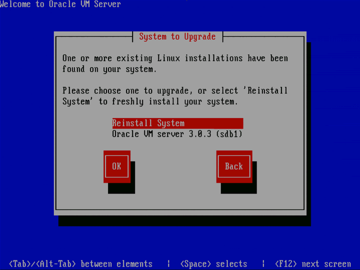 この図はOracle VM Serverの「System to Upgrade」画面を示しています。