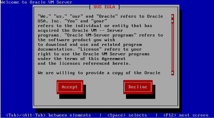 この図はOracle VM Serverの「End User License Agreement」画面を示しています。